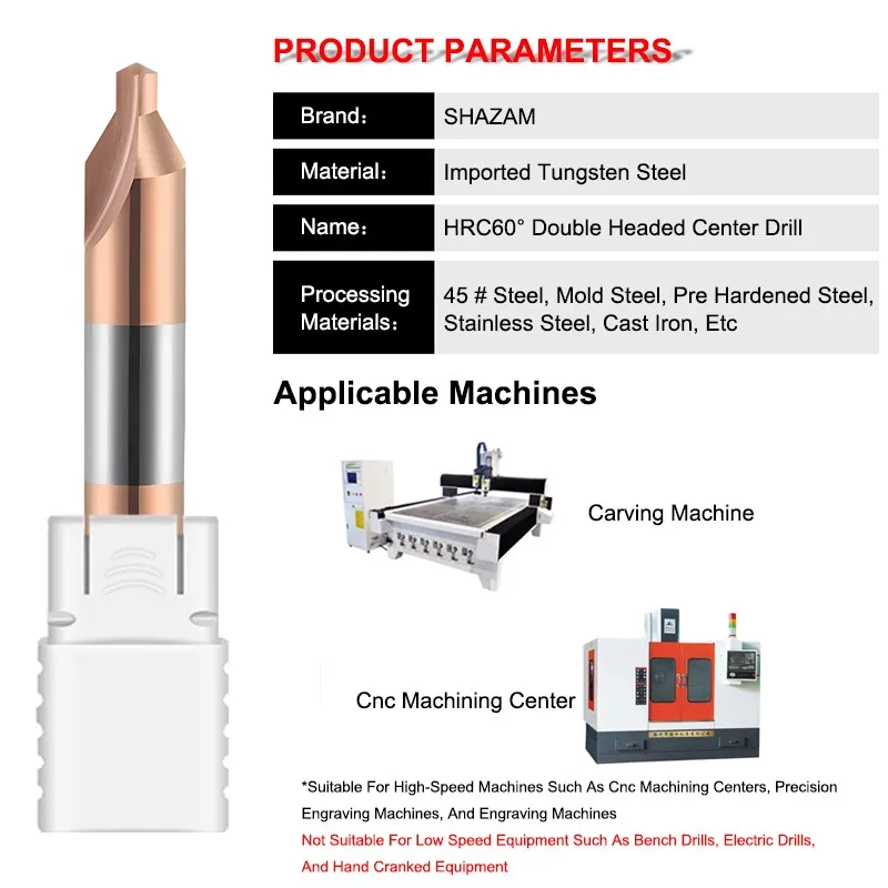 SHAZAM 60 Degree Angle Tungsten Steel Double Head Drill CNC Tools For Steel/Aluminum Extended Center Drilling 0.4mm-5.0mm