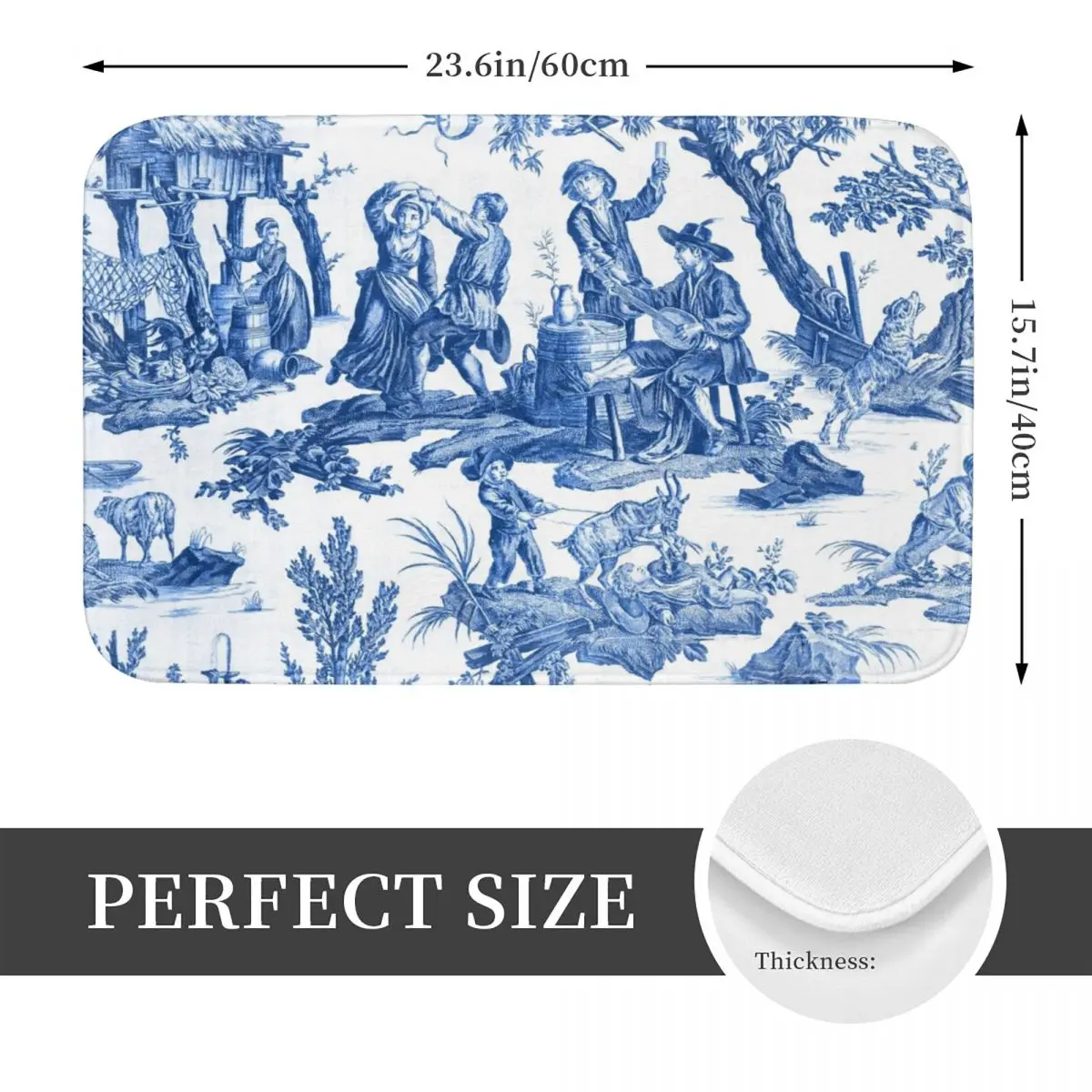 Bath Mat for Shower Home Entrance Toile De Jouy Floor Mat Blue and White Retro Toilet Mat Quick Dry Anti Slip Bathroom Mats