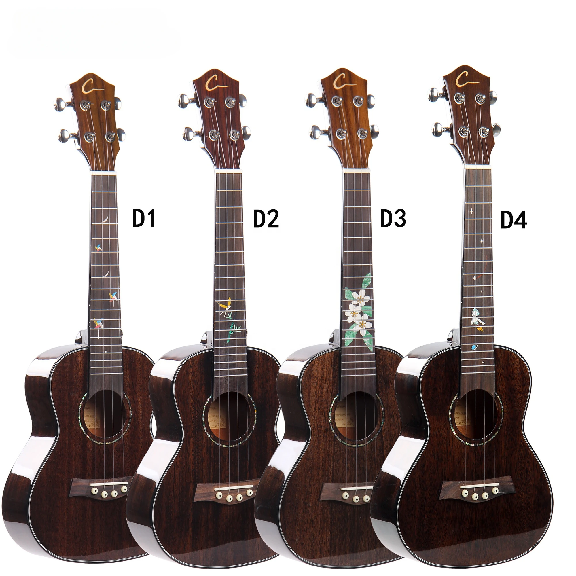 New Design 4 Nylon Carbon Strings 23 Inch Concert Solid Mahogany Top Brown Ukulele With Fingerboard Colorful Stone Inlay Design