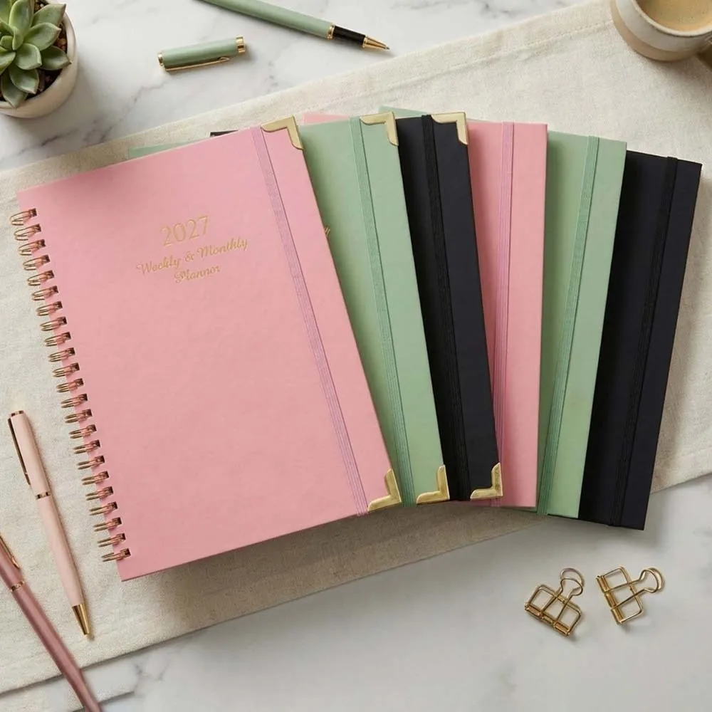Paper Made 2027 Weekly Planner Solid Color Twin Wire Binding A5 Agenda Book Thick Pages Tab Divided Floral Spiral Notebook