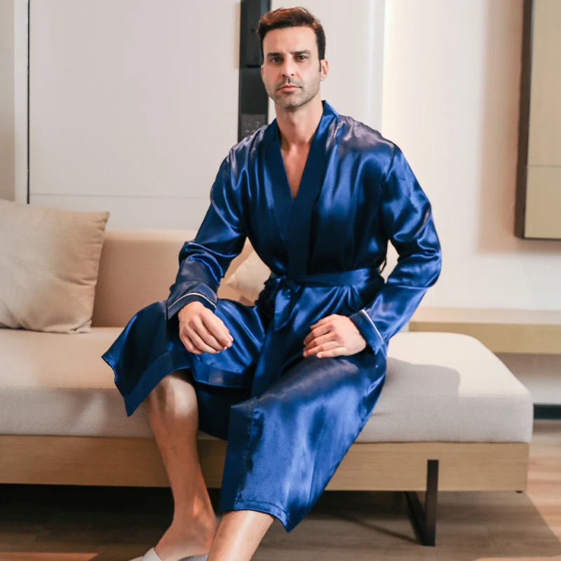 Pajama men\'s spring and autumn silk thin style oversized pajamas long sleeved bathrobes ice silk bathrobes home clothing summer