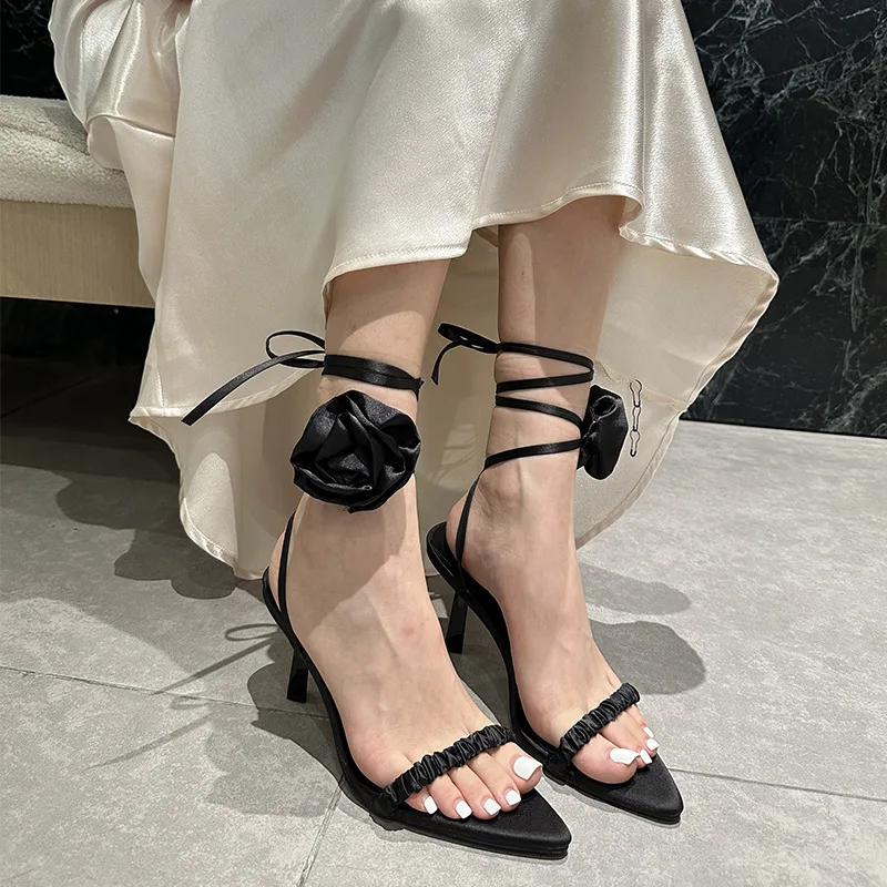 2024 Sandals Black Shoes for Women Open Toe Cross-Shoes Summer Heels Riband New Sexy Beige Peep Girls Low Pointed  Stiletto Comf