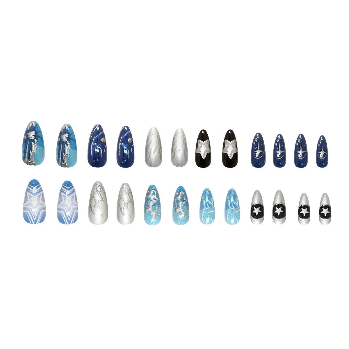 24個入り 3Dライン＆スタープレスオンネイル キャットアイリップルと深海ギャラクシー効果付き、ミディアムアーモンドシェイプ、アソートサイズ