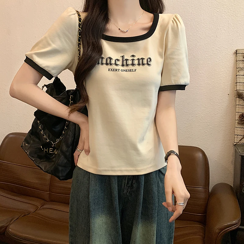 

Summer 2024 Vintage Letter Printed Slim T-shirts Shoulder Princess Sleeve Short Crew Neck Top Ins Tees Women's Crop Top