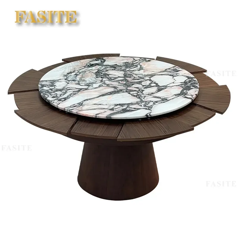For Round Dining Table Retractable Extendable Rotating Pink Marble Top Modern Furniture Space Saving Large Family Kitchen