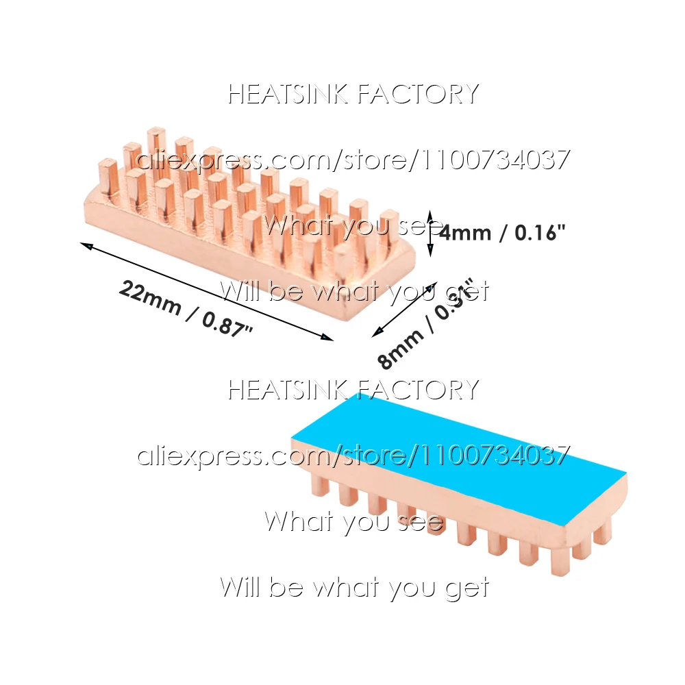 20-100pcs/lot Pin Fins Copper Radiator Heatsink 22x8x4mm With Thermal Tape Assembly For PC Raspberry Pi IC Processor