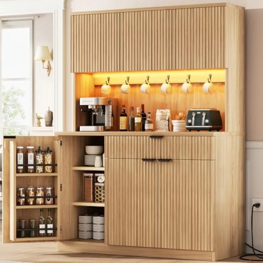 Fluted Kitchen Pantry Storage Cabinet with Charging Station LED Light Doors Shelves 71 Tall Kitchen Food Hutch with Microwave S