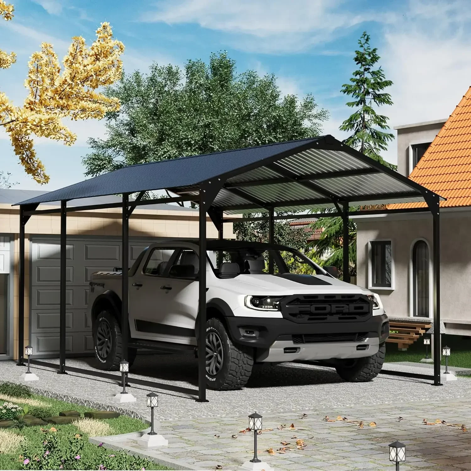 

Heavy Duty Metal Carport 10x15ft Reinforced Frame Base Outdoor Garage Shelter for Pickup Boat Tractor, Customized