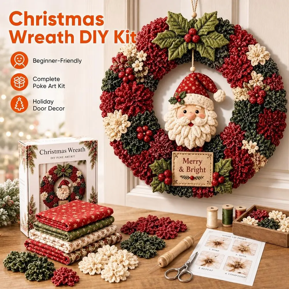 Complete DIY Christmas Wreath Craft Kit 3D Fabric Poke Art Hand‑Making Supplies for Front Door Xmas Festival Home Decoration