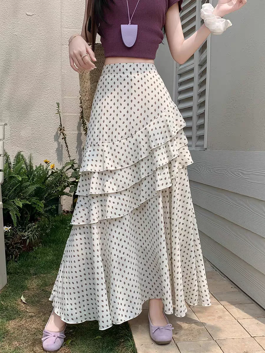 

Women's Summer 2025 Polka Dot Chiffon Skirt High Waist Slimming Flowy A-Line Maxi Skirts w/ Asymmetric Ruffles