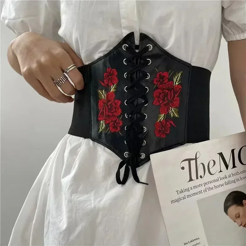

Женский корсетный пояс, готический модный пояс из искусственной кожи с цветочной вышивкой, женский пояс для похудения, винтажный черный широкий пояс для девочек