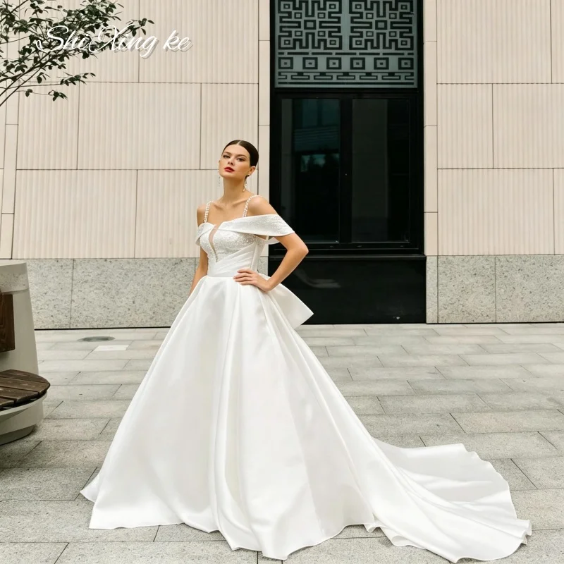 Classic Satin A-line Bridal Dress Off Shoulder Lace Bow Back Wedding Vestidos De Novia Customized