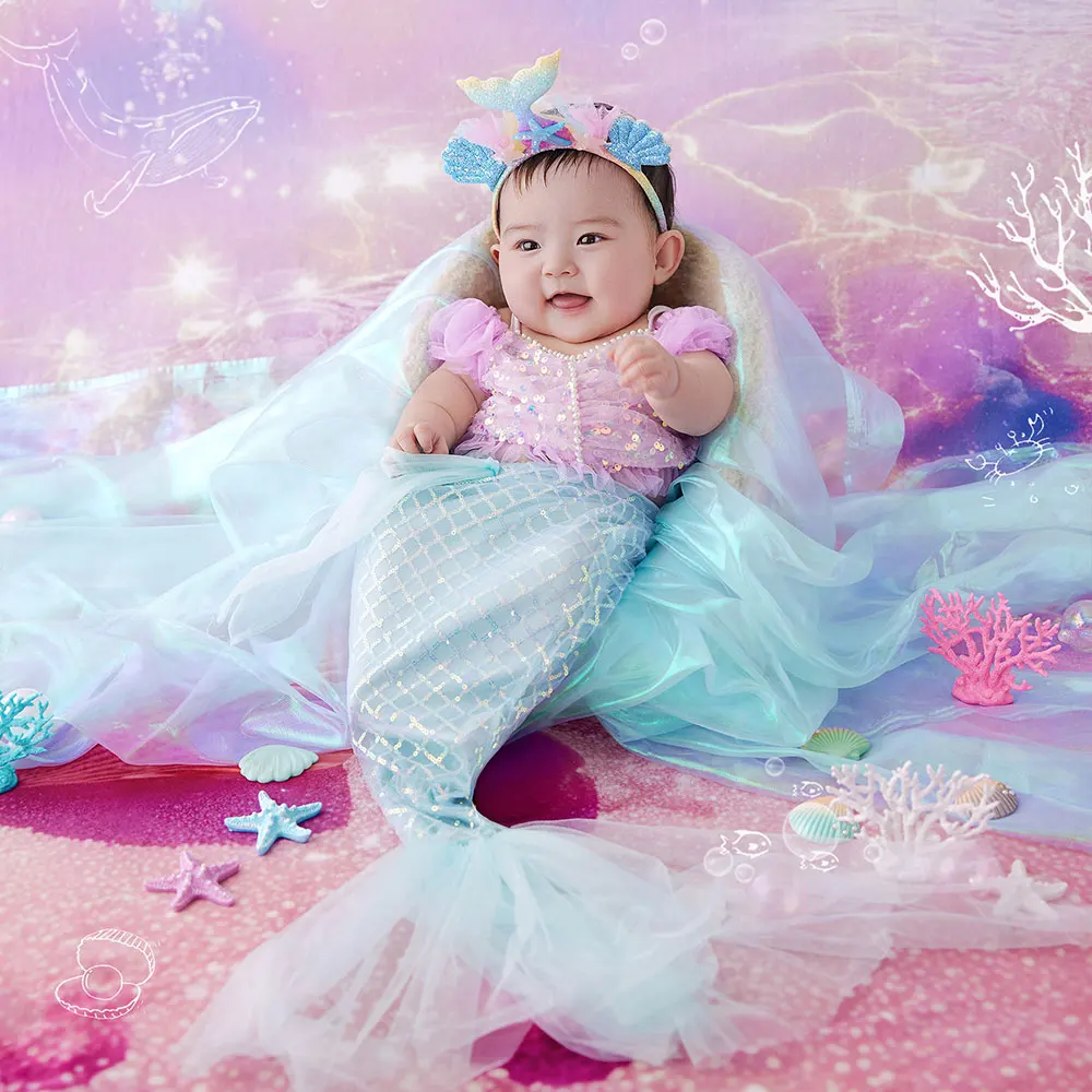 2-3 Month Girl Newborn Photography Props Mermaid Theme Outfit Set with Matching a Headdress and Fishtail Skirt Prop for Shooting