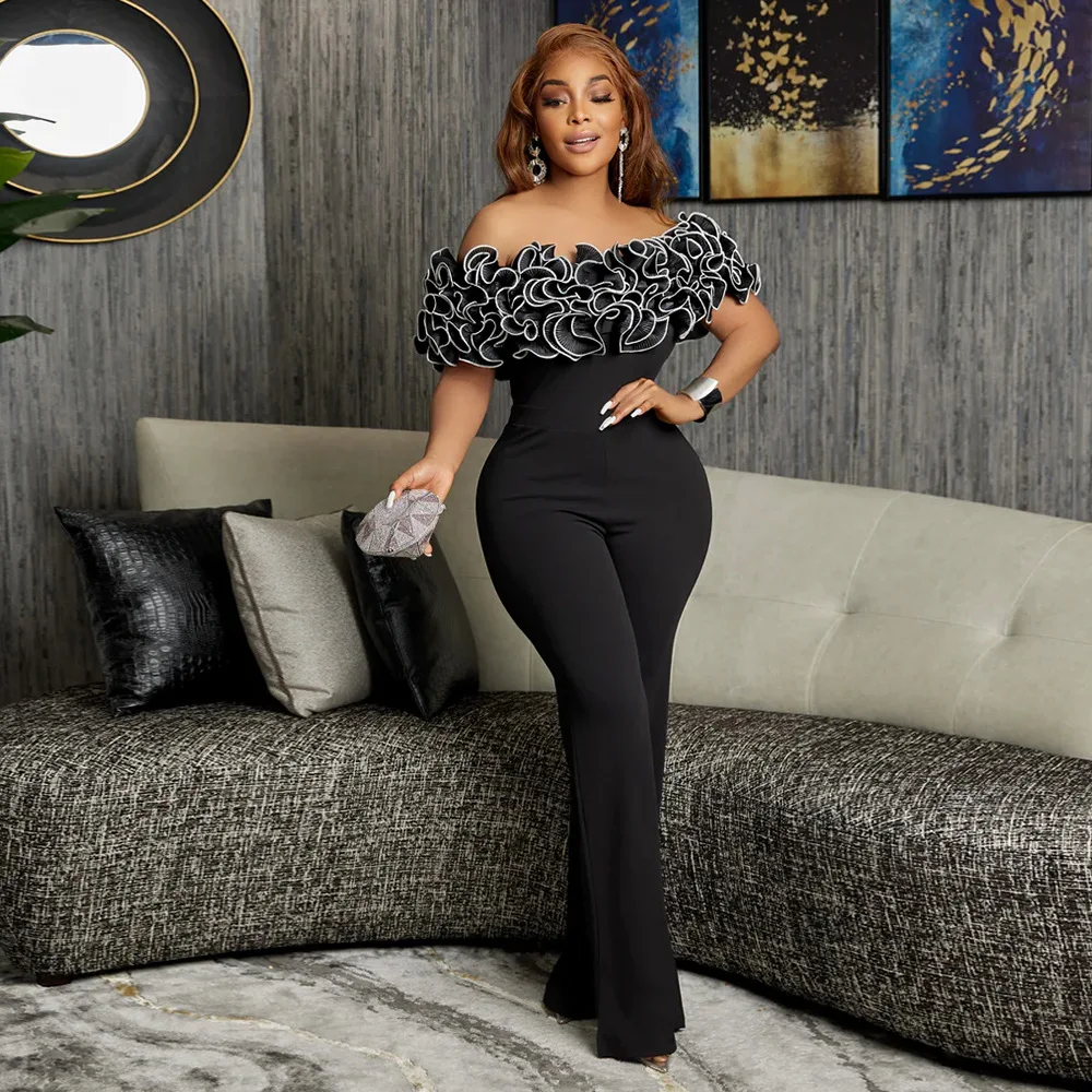 Sexy One Shoulder Ruffle Jumpsuit Bodycon Long Evening Dress For Women