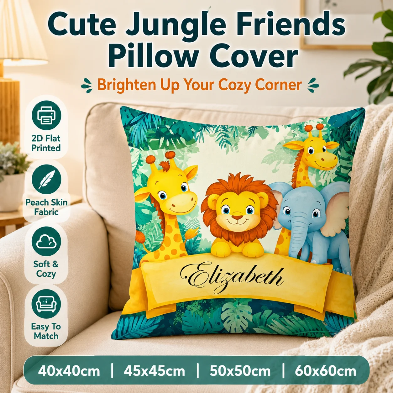 Cute Jungle Animals Custom Name Pillowcase 2D Flat Printed Peach Skin Cartoon Safari Cushion Cover For Sofa Kids Room Home Decor