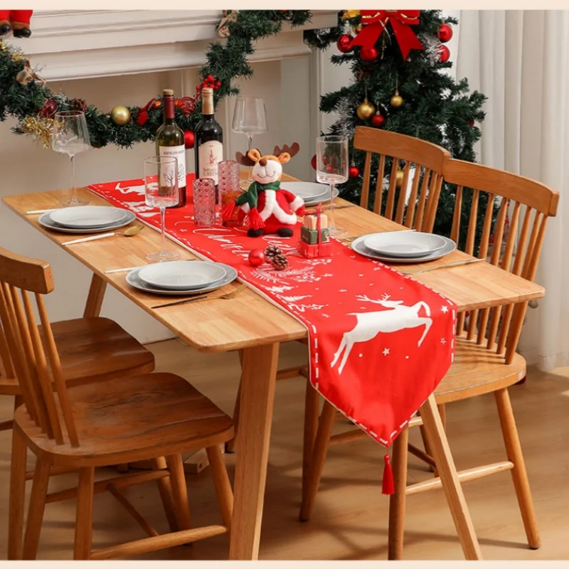 

2025 New Scandinavian Christmas Table Flag Restaurant Decoration Christmas Printed Tassel Model Table Flag 33X180CM