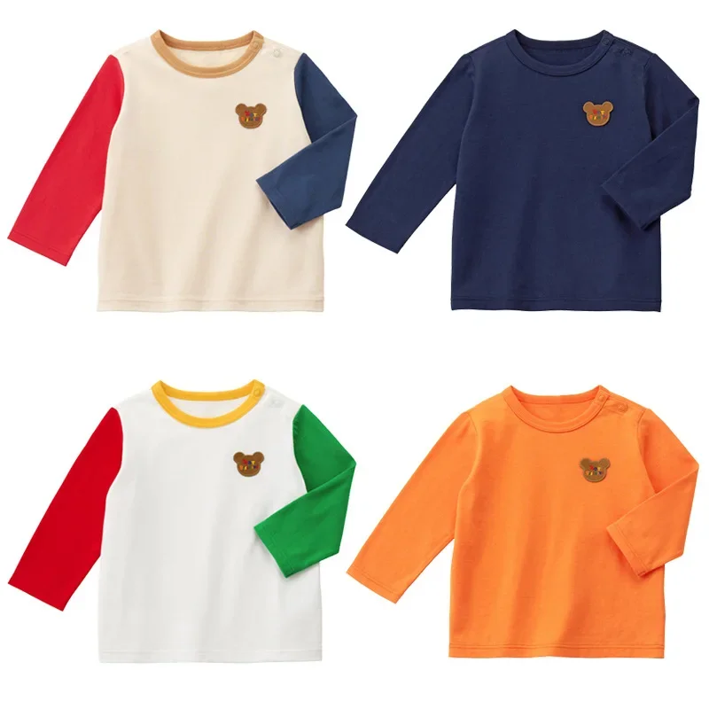 

Boys Clothes 1-6y Japan Style Color-Blocking Long-Sleeved T-Shirt Children's Simple Solid Color Round Neck Top