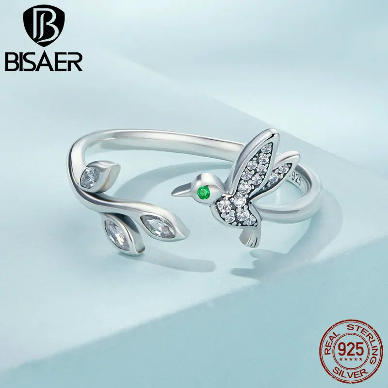 BISAER 925 Sterling Silver Hummingbird Jewerly Set Bird Open Ring Stud Earring Green Zircon Plated Platinum for Women Party Gift