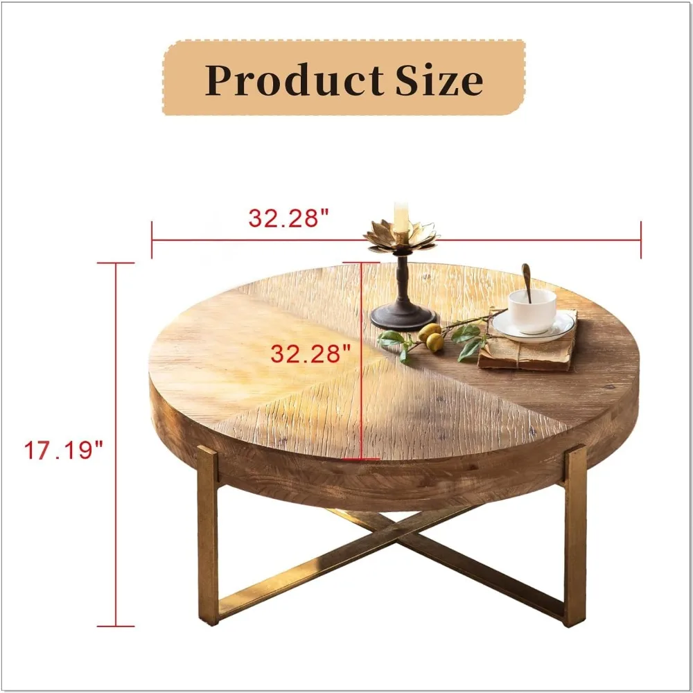 Rustic Vintage Circle Wooden Coffee Table with Gold Legs for Living Room - Easy Assembly