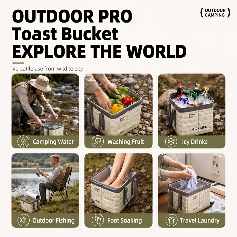 10L Collapsible Square Camping Bucket  Foldable Outdoor Storage Tub Stable Support Board Water Container for Picnic Fishing