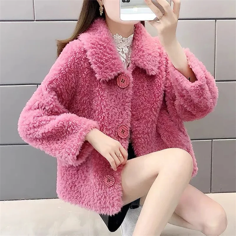 Korean Female Faux Lamb Fur Particle Coat Ladies Fashion High End Faux Fur Jacket Autumn Winter Women Long Sleeves Plush Outwear