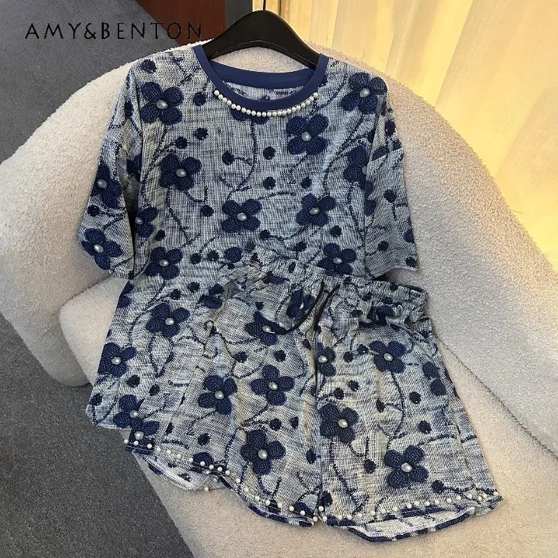 

Heavy Industry Age-reducing Flower Printing Suit 2025 Summer Loose And Thin Short-sleeved T-shirt Shorts Two-piece Set For Women