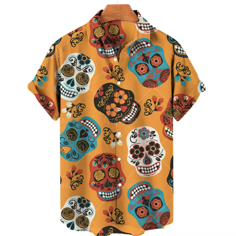 2025 Skull Men's Shirts Lapel Streetwear Vintage Shirt For Men Street Hip Hop Short Sleeve Top Party Summer Men Hawaiian Shirts