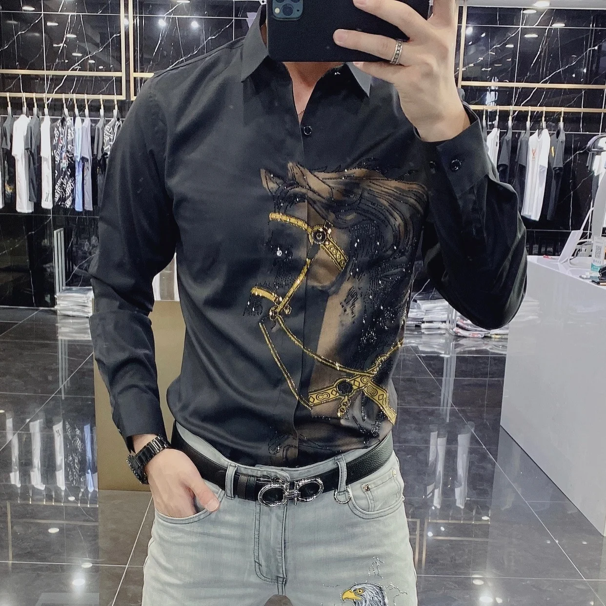 Black Animal Horse Shirt Social Camisa Hombre Rhinestones Shirts Mens Luxury Top Diamond Men\'s Shirt Long Mouw Slim Casual Shirt