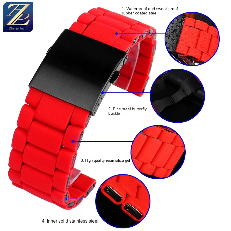 24/26/28 مللي متر حزام الساعات لساعة الديزل DZ7430 7370 7396 الرجال الطلب الكبير الأحمر ماجيك الأسود المحارب المطاط المغلفة حزام ساعة الصلب