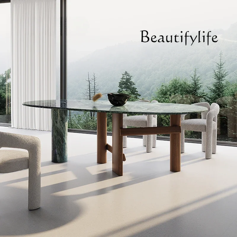 X Natural Marble Dining Table Large Flower Green Luxury Stone High-end Household Long Rice Table And Chair Combination