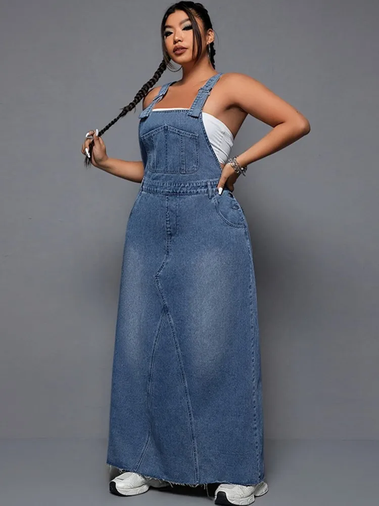 XL-5XL Plus Size Clothes Dresses Women Robes Overalls Denim Loose Street Style Casual 3XL 4XL Big Size Maxi Dress Oversized