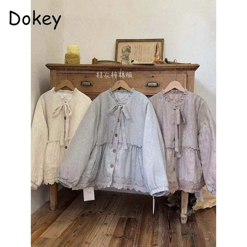 

Vintage Lace-up Looose Cotton Padded Coat Winter Warm Japan Mori Girl O-Neck Ruffled Kawaii Parka Women Jacket Casual Outwear
