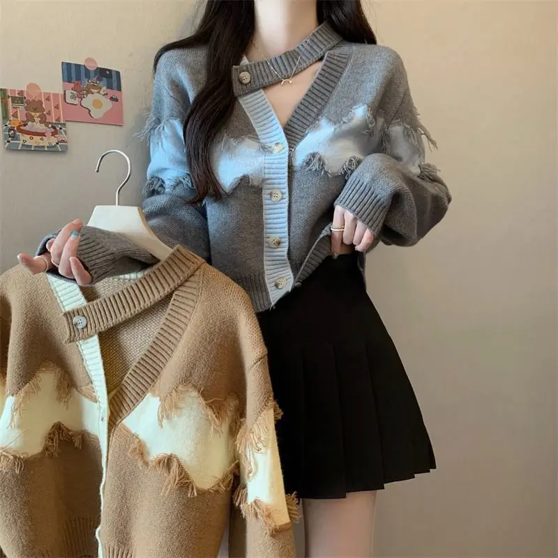 

Patchwork Irregular Cardigan Autumn Winter Chic Contrasting Colors Women's Clothing Korean V-Neck Loose Casual Knitted Sweaters