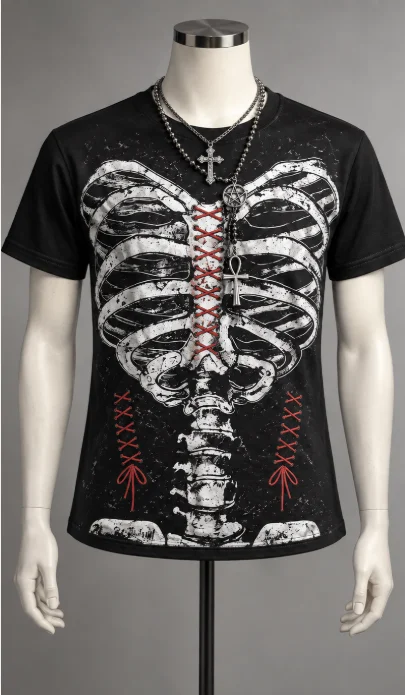 Women Gothic Skeleton Ribcage Graphic T Shirt Black Red Lace Up Print Crew Neck Short Sleeve Tee Punk Dark Aesthetic Streetwear