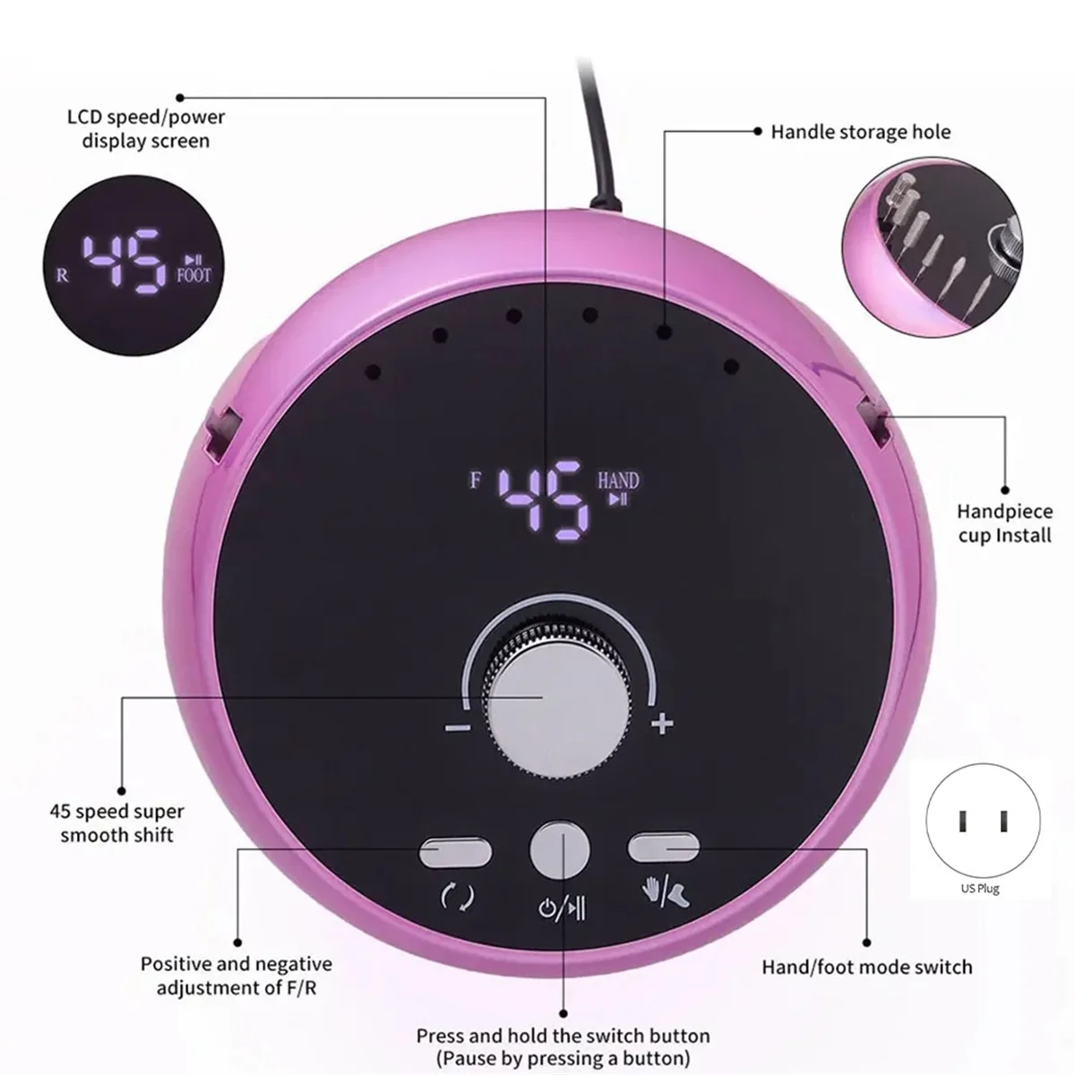 Perceuse à ongles électrique professionnelle, machine de manucure, moteur sans balais, ensemble de ponceuse, polisseuse à ongles, équipement, prise US, B, N64.