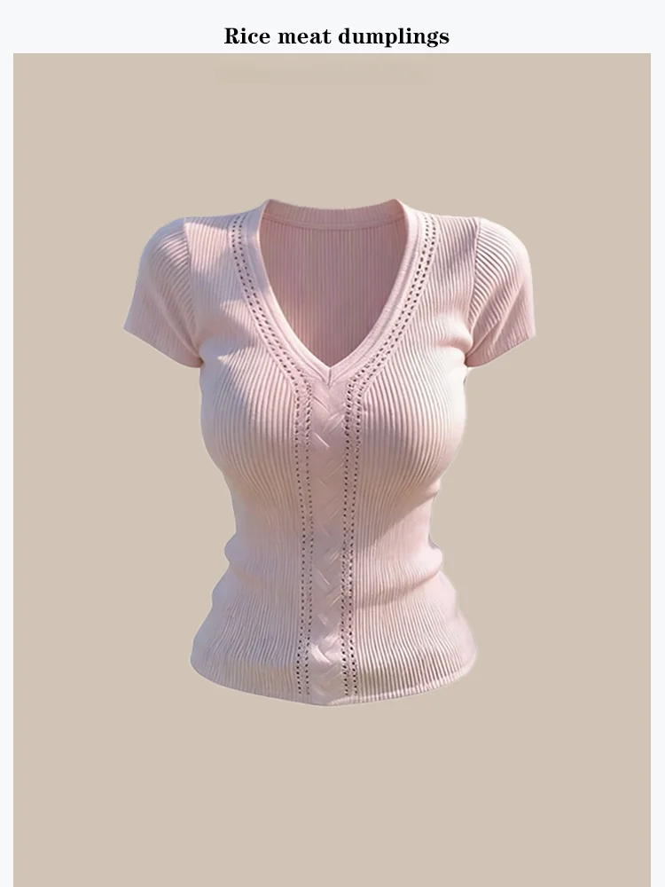 

Pure Desire Slim Fit Knitted Short Sleeve T-Shirt Twisted Double Alternating Weave Hollow out Soft V Neck Regular Length