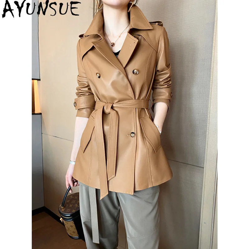 AYUNSUE リアルレザージャケットの女性 2025 春秋服ミッドレングスシープスキンレディースコートトレンチコート Jaqueta デ Couro