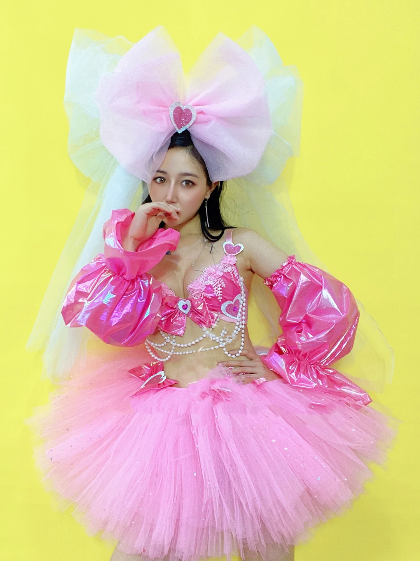 Sexy Pink Big Bow Performance Costume Tutu Dress Women Gogo Singer Stage Rave Outfit Bar DS Dance Cosplay Cute Outfits