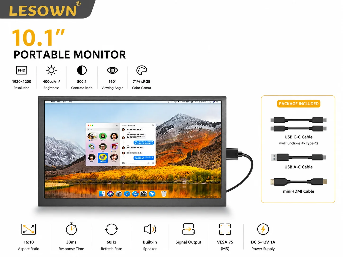 LESOWN Driver-free 10.1" PC Secondary Screen for Desktop Extension 1920x1200 16:10 FHD Portable Monitor