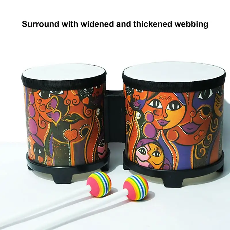 Bongo Drums pour enfants, tambour à main mignon, jouet musical, instruments de musique en bois mignons avec 2 baguettes colorées, cadeau de Noël et d'anniversaire