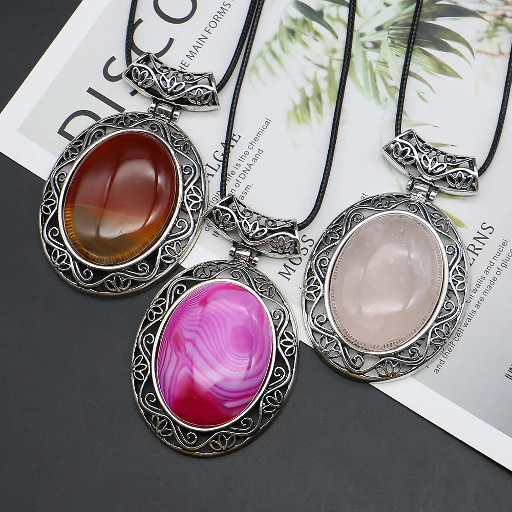 

Oval Natural Amethyst Lapis Lazuli Inlaid Pendants Necklace With Leather Rope Chain Jewelry Accessory 1 Pc Party Birthday Gift