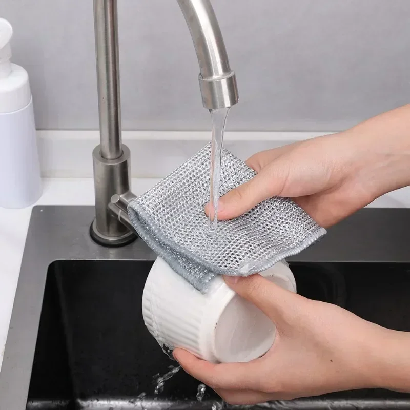 Magická dishcloth stříbro drát úklid látka zahuštěný ne tyčinka mazat mikrovlákno kuchyň miska mytí ručník ocel drát hadry hadříky