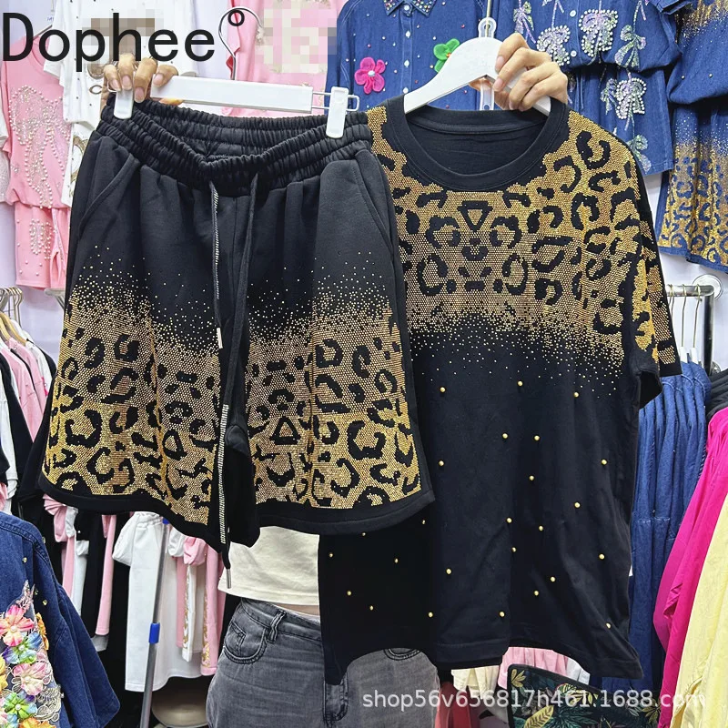 

Fashion Summer Women Two-piece Sets Beading Hot Drilling Loose Short Sleeve T-shirt Top + Elastic Waist Wide Leg Straight Shorts