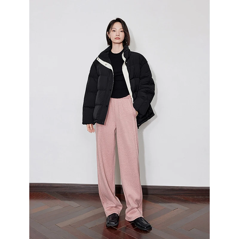 Toyouth Women Plush Sweatpant 2024 Winter Drawstring Waist Straight Wide-leg Trousers Casual Apricot Black Thicken Pants