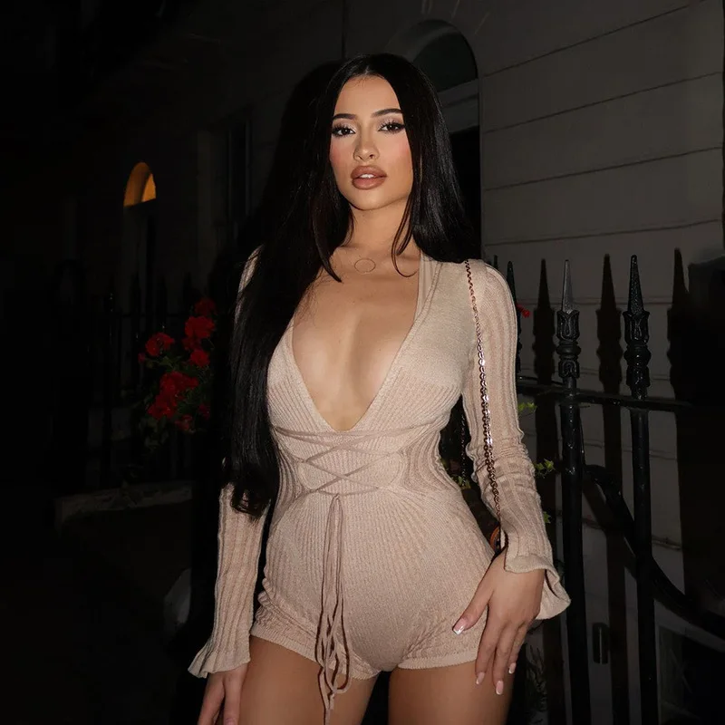 

Autumn new women's fashion sexy deep V-neck striped contrasting color high waisted lace up playsuits