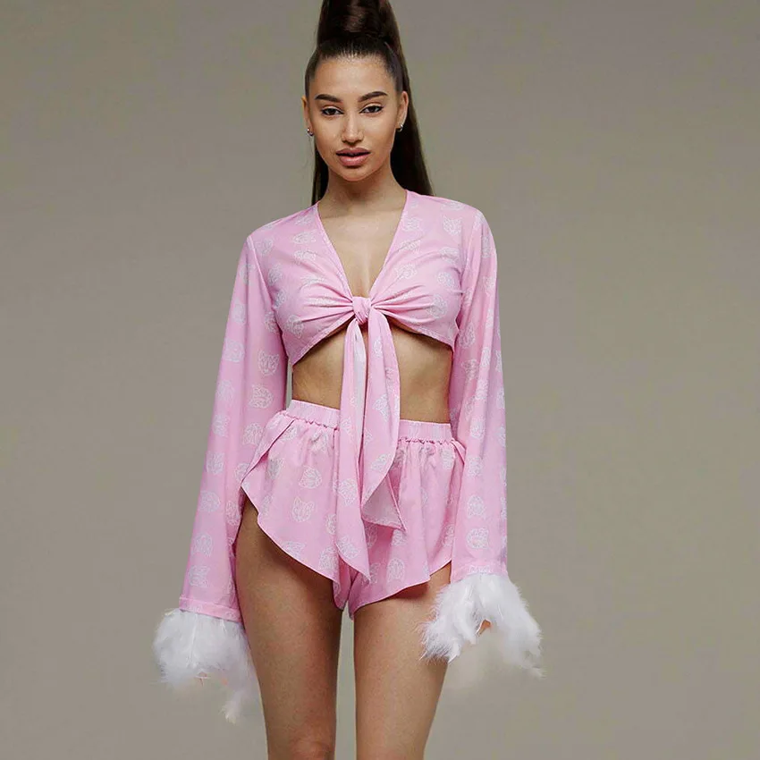 Women\'s Home Clothes 2023 Summer New Feather Trim Sexy Shorts Suit Pink Long Sleeve Shirts Top With Sorts Two Piece Set Outfits