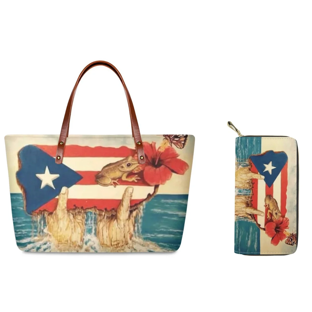 

FORUDESIGNS Puerto Rico Flag Art Bags For Women 2Pcs/Set Large Totes Bag Plus Leather Wallets Fashion Shopping Accessories