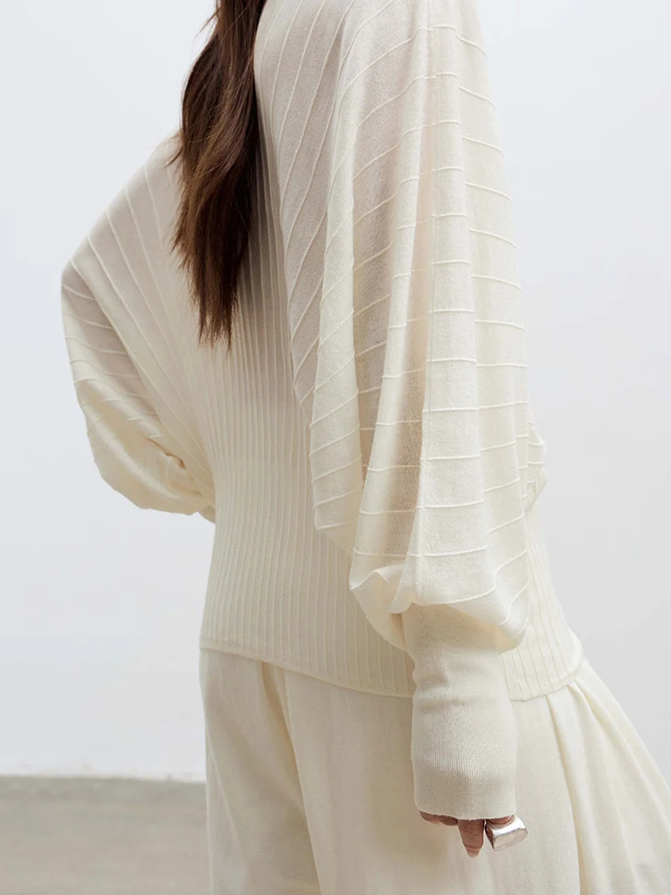 SuyaDream, Pullovers for Woman, 31%Wool, Slash Neck, Bat Sleeved, Chic Sweaters, 2025 Fall Winter Top, White