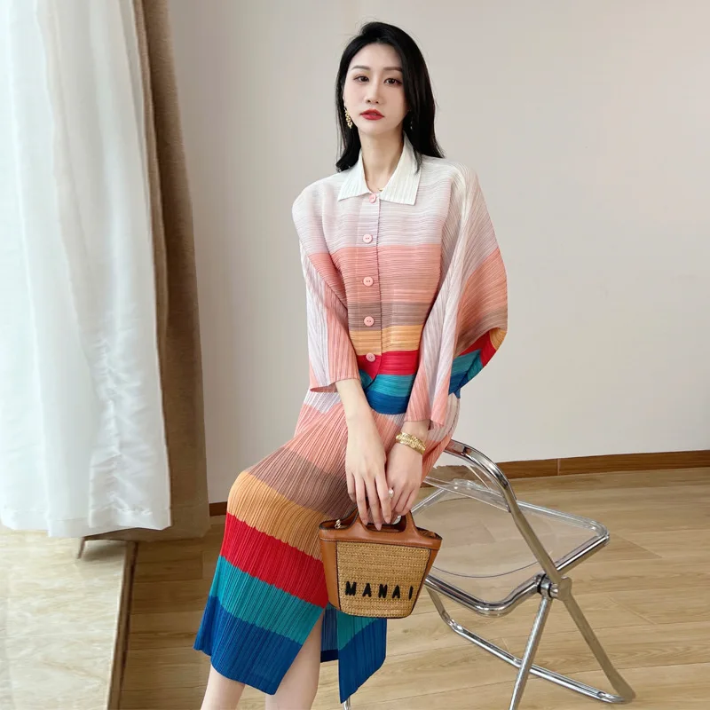 

Miyake Pleated Full Sleeve Shirt+Half Skirt Set 2023 Summer New Women's Loose Fit Plus Size Fashion Luxury Two Piece Set