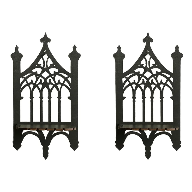 

ABUL-2X Black Wooden Gothic Fence Type Wall-Hung Shelf Simple Home Furnishing Bedroom Decoration Shelf